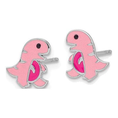 Sterling Silver Girls' Pink Enamel Dinosaur Stud Earrings – view 3