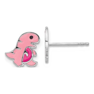Sterling Silver Girls' Pink Enamel Dinosaur Stud Earrings