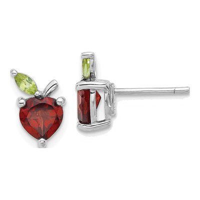 Sterling Silver Heart Garnet & Peridot Apple Stud Earrings