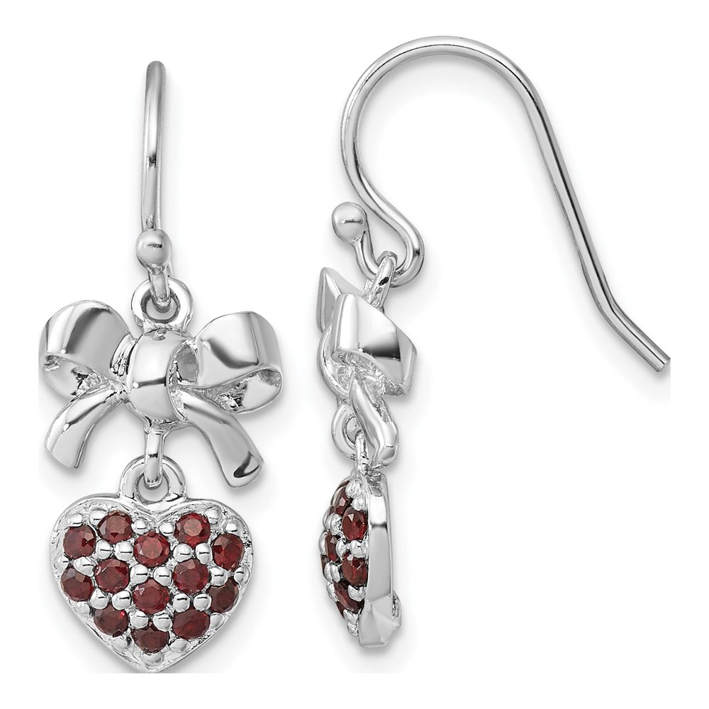 Sterling Silver Garnet Heart Bow Dangle Earrings