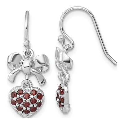 Sterling Silver Garnet Heart Bow Dangle Earrings