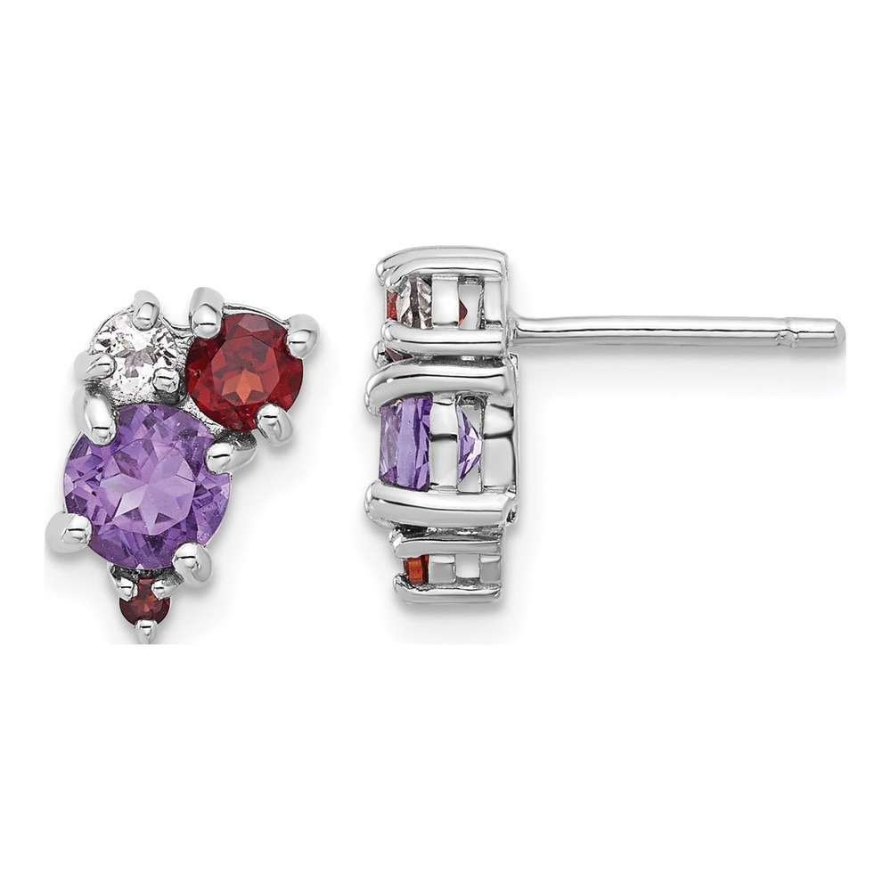Sterling Silver Round Garnet & Amethyst Button Stud Earrings