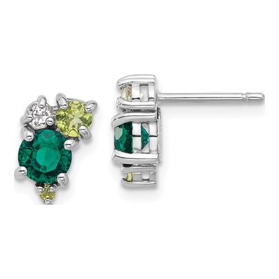 Sterling Silver Round Peridot & Lab-Created Emerald Button Stud Earrings