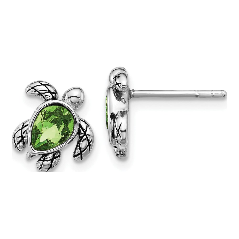 Sterling Silver Rhodium-Plated Polished And Antiqued Green Crystal August Birthstone Turtle Earrings