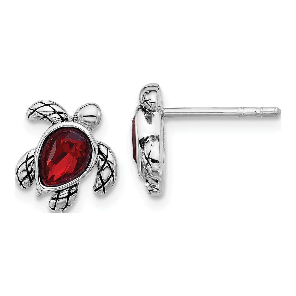 Sterling Silver Rhodium-Plated Polished And Antiqued Red Crystal January Birthstone Turtle Earrings