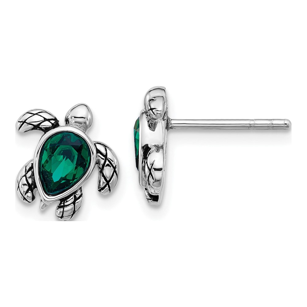 Sterling Silver Rhodium-Plated Polished And Antiqued Green Crystal May Birthstone Turtle Earrings