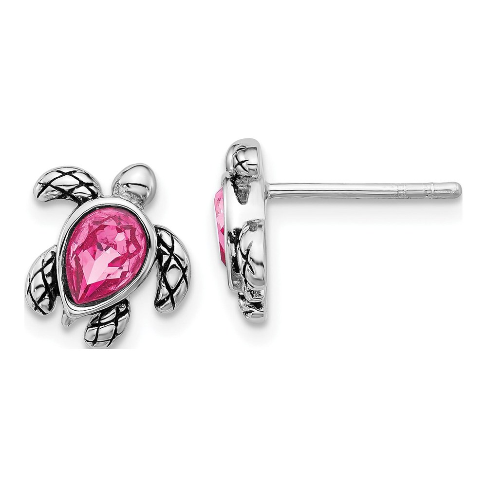 Sterling Silver Rhodium-Plated Polished And Antiqued Pink Crystal October Birthstone Turtle Earrings