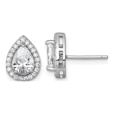 Sterling Silver Pear CZ Halo Teardrop Stud Earrings