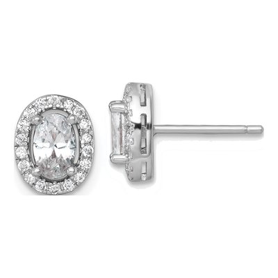 Sterling Silver CZ Oval Halo Stud Earrings