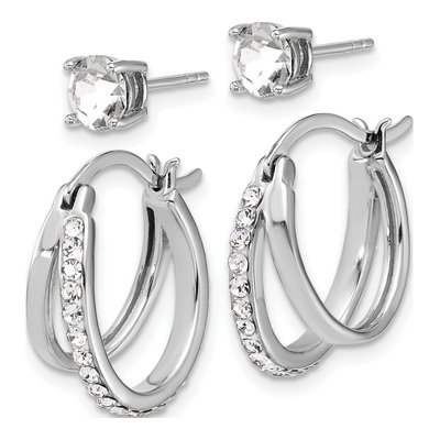 Sterling Silver White Crystal Stud & Hoop Earring Set – view 2