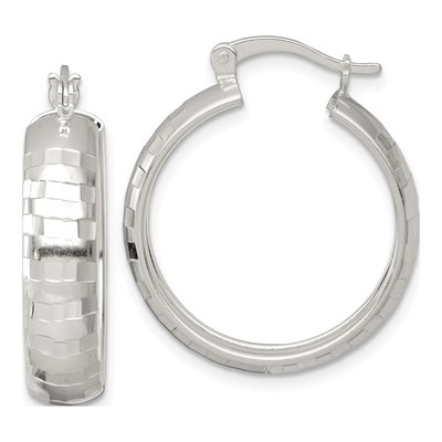 Sterling Silver 25mm Diamond-Cut Round Hoop Earrings