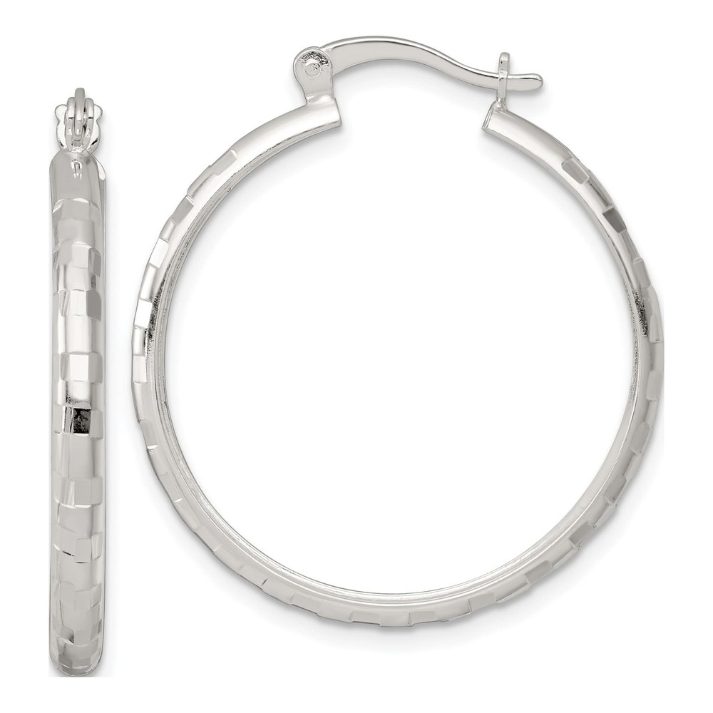 Sterling Silver Polished Diamond-Cut 30x3mm Round Hoop Earrings