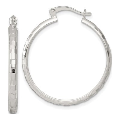 Sterling Silver 30mm Diamond-Cut Round Hoop Earrings