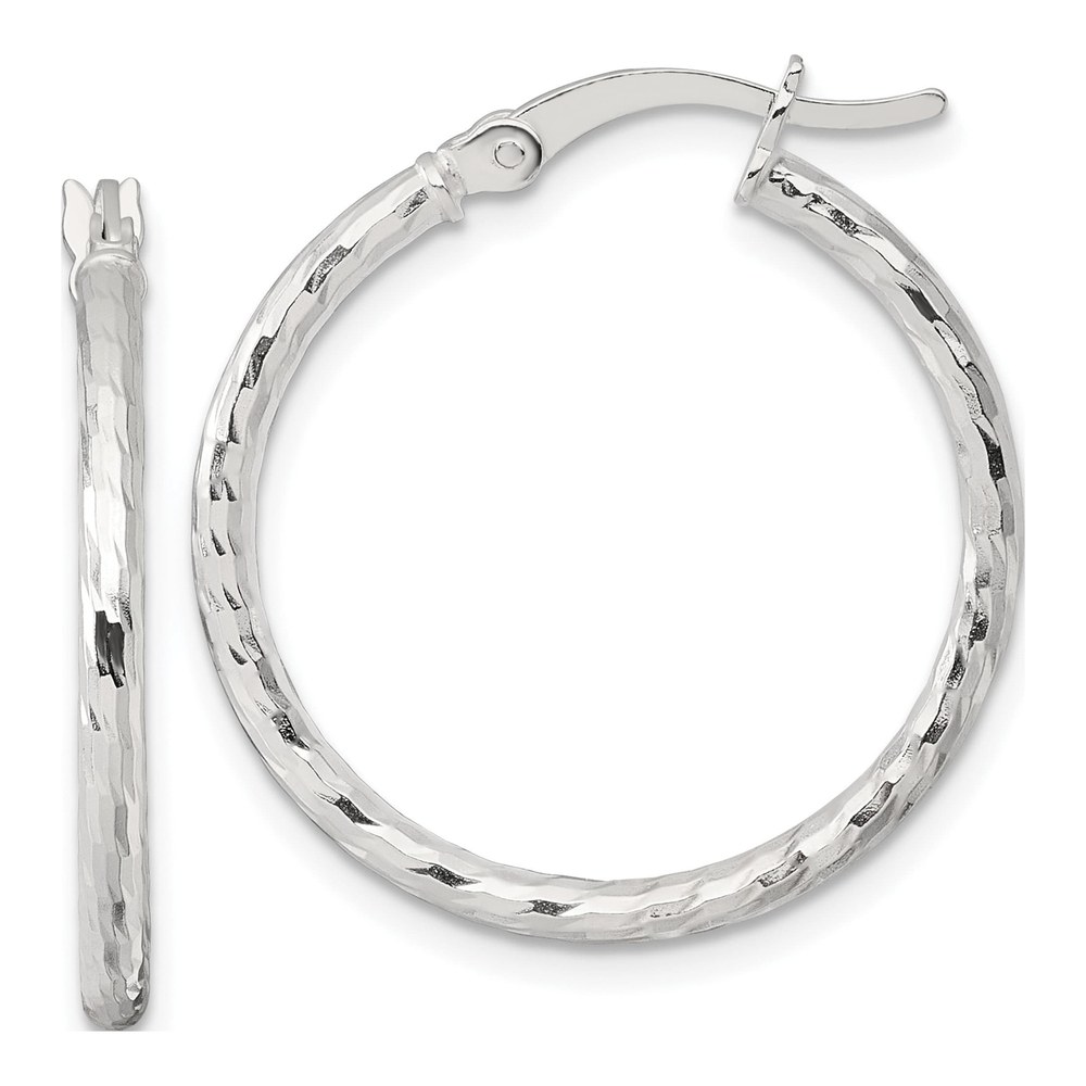 Sterling Silver Polished Diamond-Cut 25x2mm Round Hoop Earrings