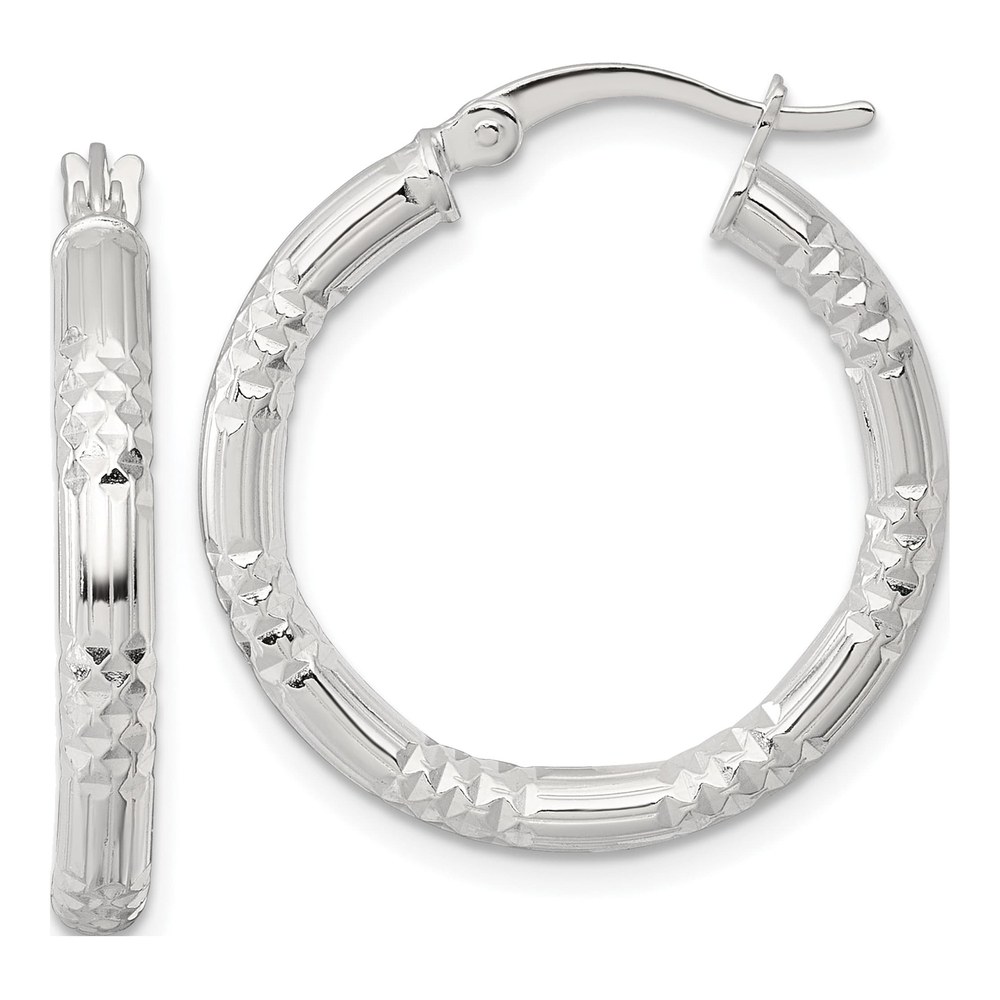 Sterling Silver Polished Diamond-Cut Textured 25x3.25mm Round Hoop Earrings