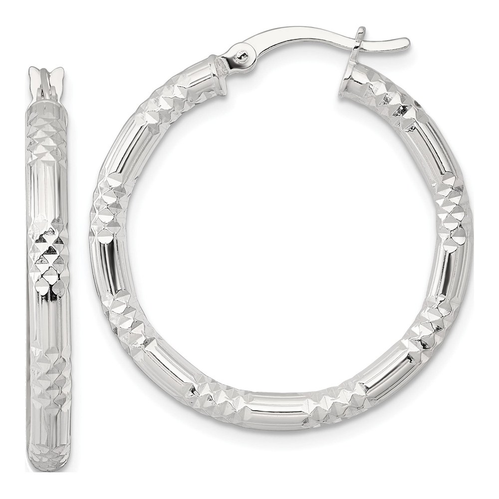 Sterling Silver Polished Diamond-Cut Textured 30x3.25mm Round Hoop Earrings
