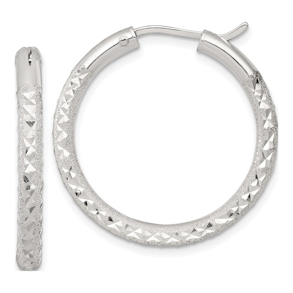 Sterling Silver Laser And Diamond-Cut 30x3.25mm Hidden Catch Round Hoop Earrings