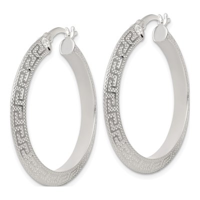 Sterling Silver 35mm Greek Key Hoop Earrings – view 3