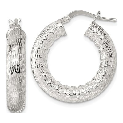 Sterling Silver 27mm Textured Round Tube Hoop Earrings