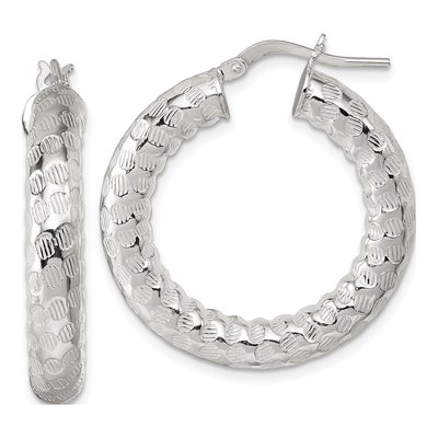 Sterling Silver 33mm Textured Round Tube Hoop Earrings