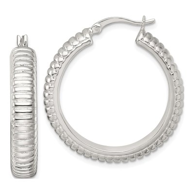 Sterling Silver 32mm Grooved Round Hoop Earrings