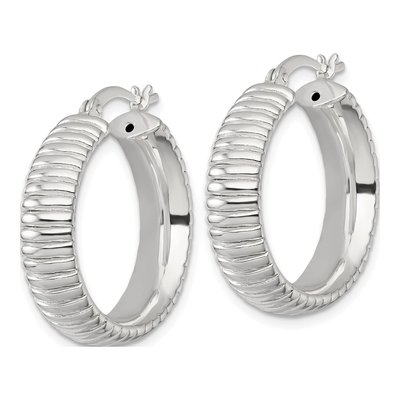 Sterling Silver 26mm Grooved Hoop Earrings – view 3