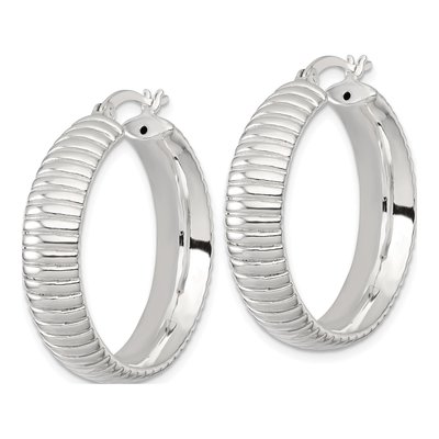 Sterling Silver 32mm Grooved Hoop Earrings – view 3