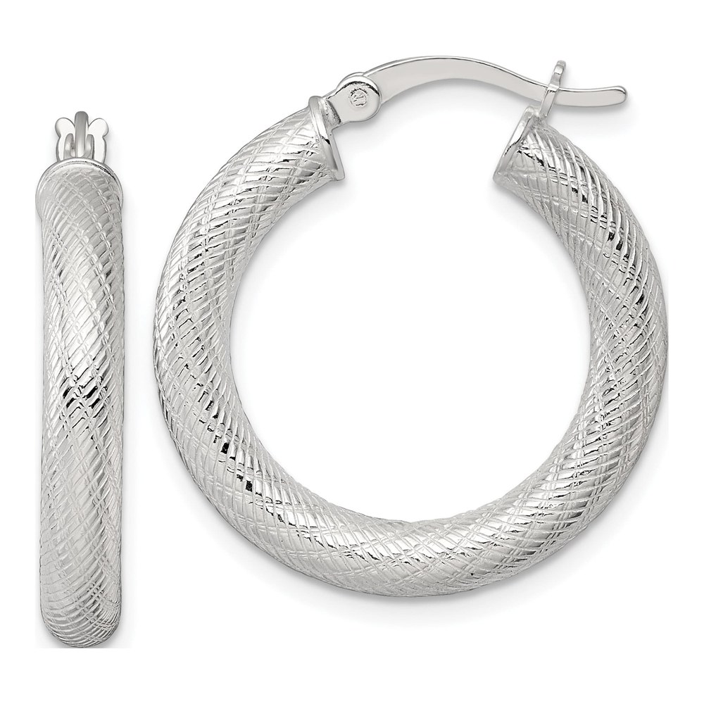 Sterling Silver Polished And Textured 25x4.0mm Round Hoop Earrings
