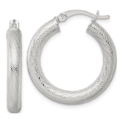 Sterling Silver 27mm Textured Round Hoop Earrings