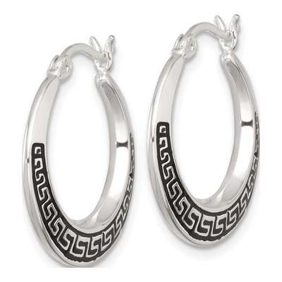 Sterling Silver 24mm Black Enamel Greek Key Hoop Earrings – view 3