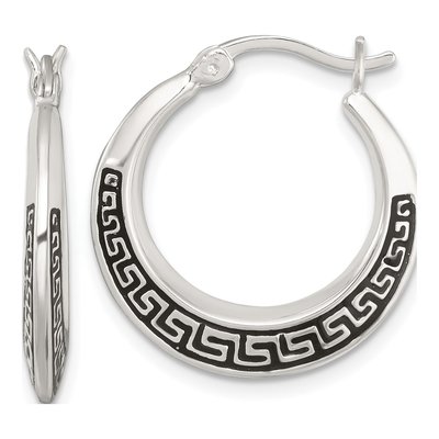 Sterling Silver 24mm Black Enamel Greek Key Hoop Earrings
