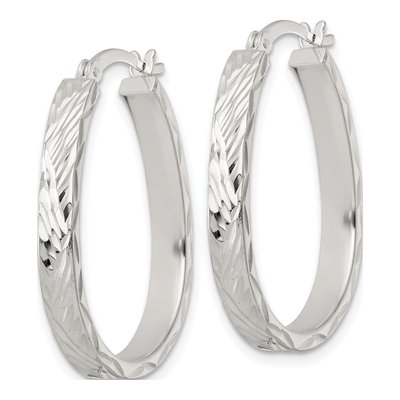 Sterling Silver 32mm Diamond-Cut Oval Hoop Earrings – view 3