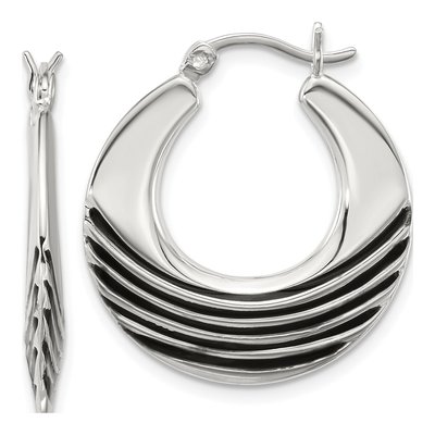 Sterling Silver 28mm Black Enamel Stripe Hoop Earrings