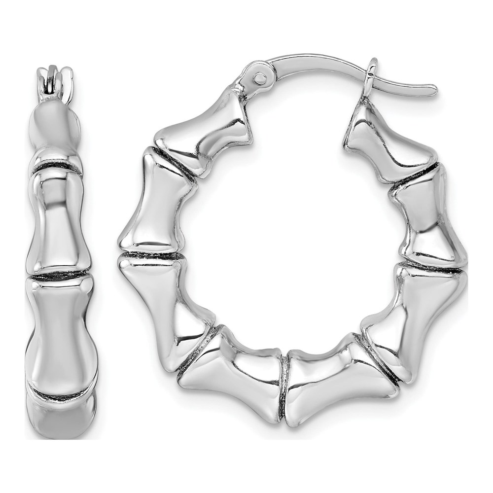 Sterling Silver Rhodium-Plated Polished Bamboo Round Hoop Earrings