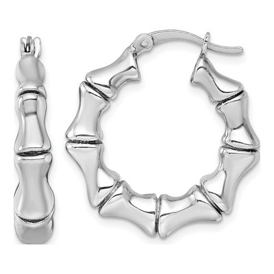 Sterling Silver 27mm Bamboo Round Hoop Earrings