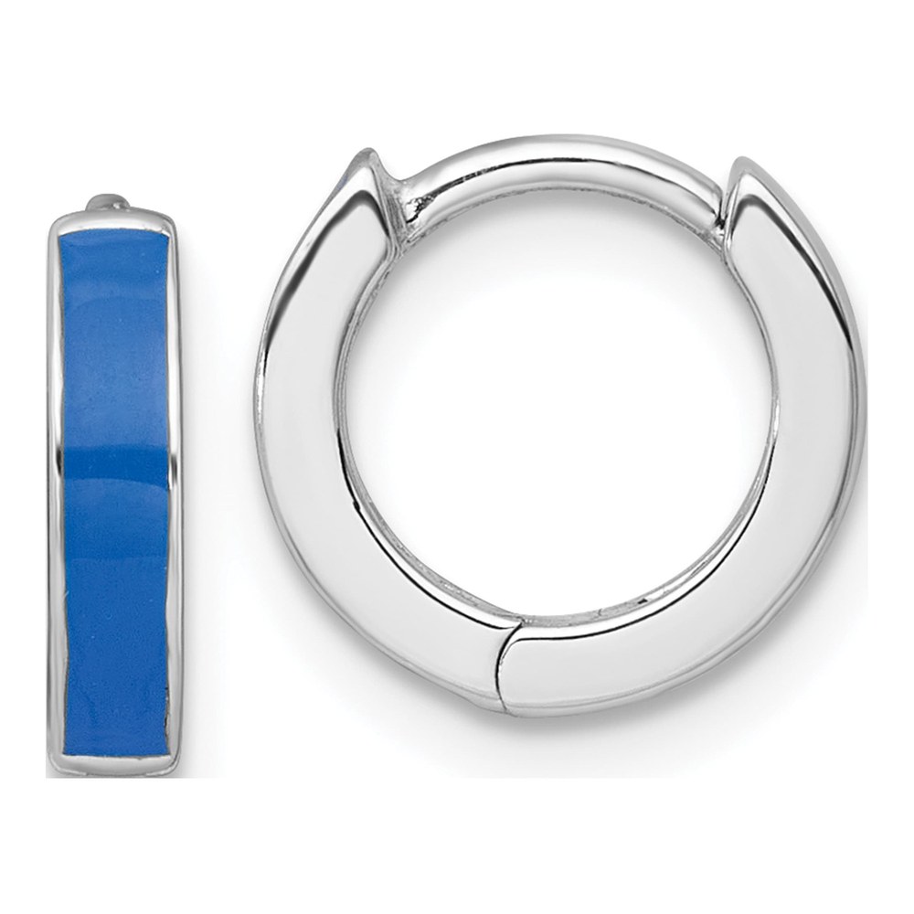 Sterling Silver Rhodium-Plated Polished Blue Enameled Hinged Round Hoop Earrings