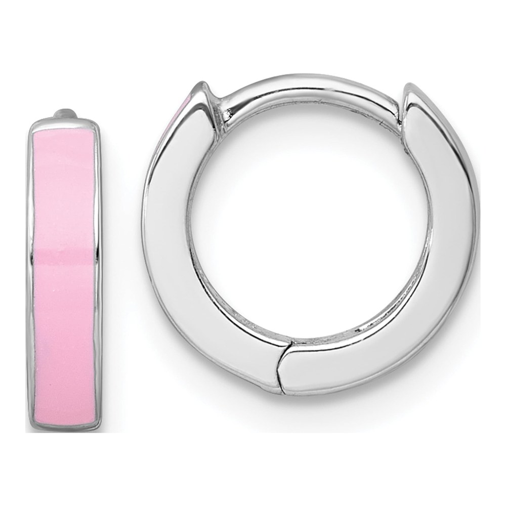 Sterling Silver Rhodium-Plated Polished Pink Enameled Hinged Round Hoop Earrings