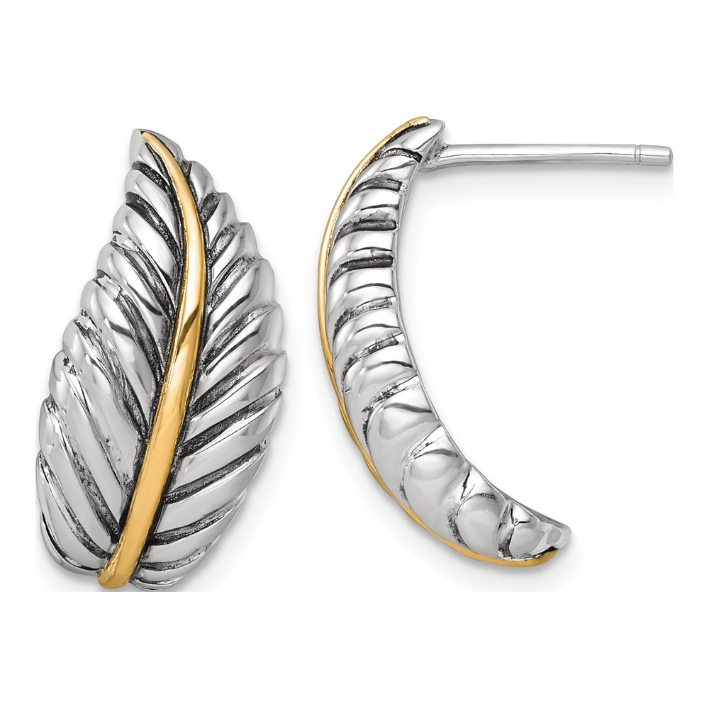 Sterling Silver Antiqued With 14K Accent Polished Feather Post Earrings
