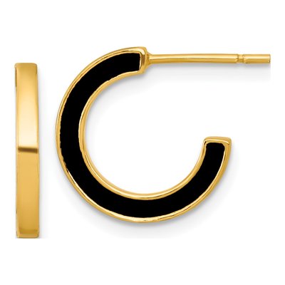 Gold-Plated Sterling Silver 15mm Black Enamel C- Hoop Earrings