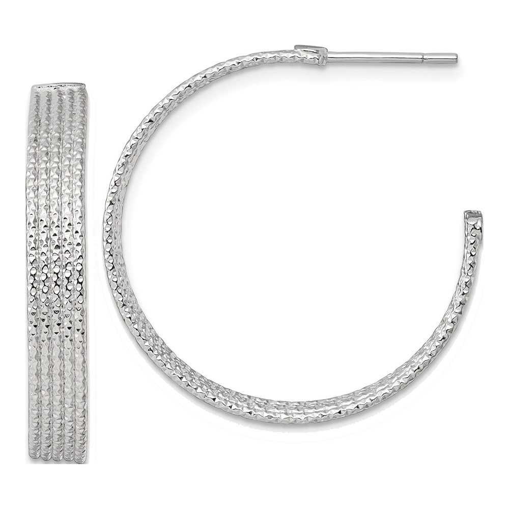 Sterling Silver Polished And Textured 30x4.5mm Post C-Hoop Earrings