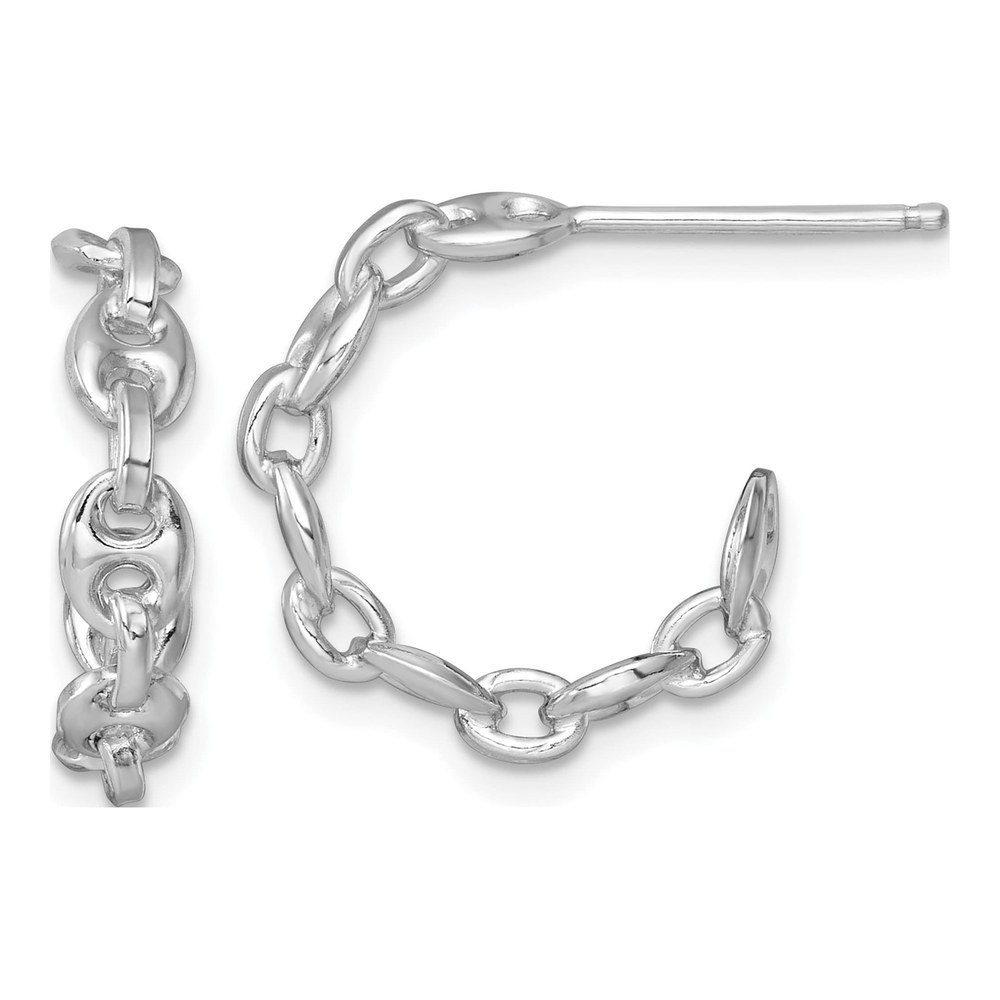 Sterling Silver Rhodium-Plated 4mm X 16mm Puffed Anchor/mariner Link C-Hoop Post Earrings