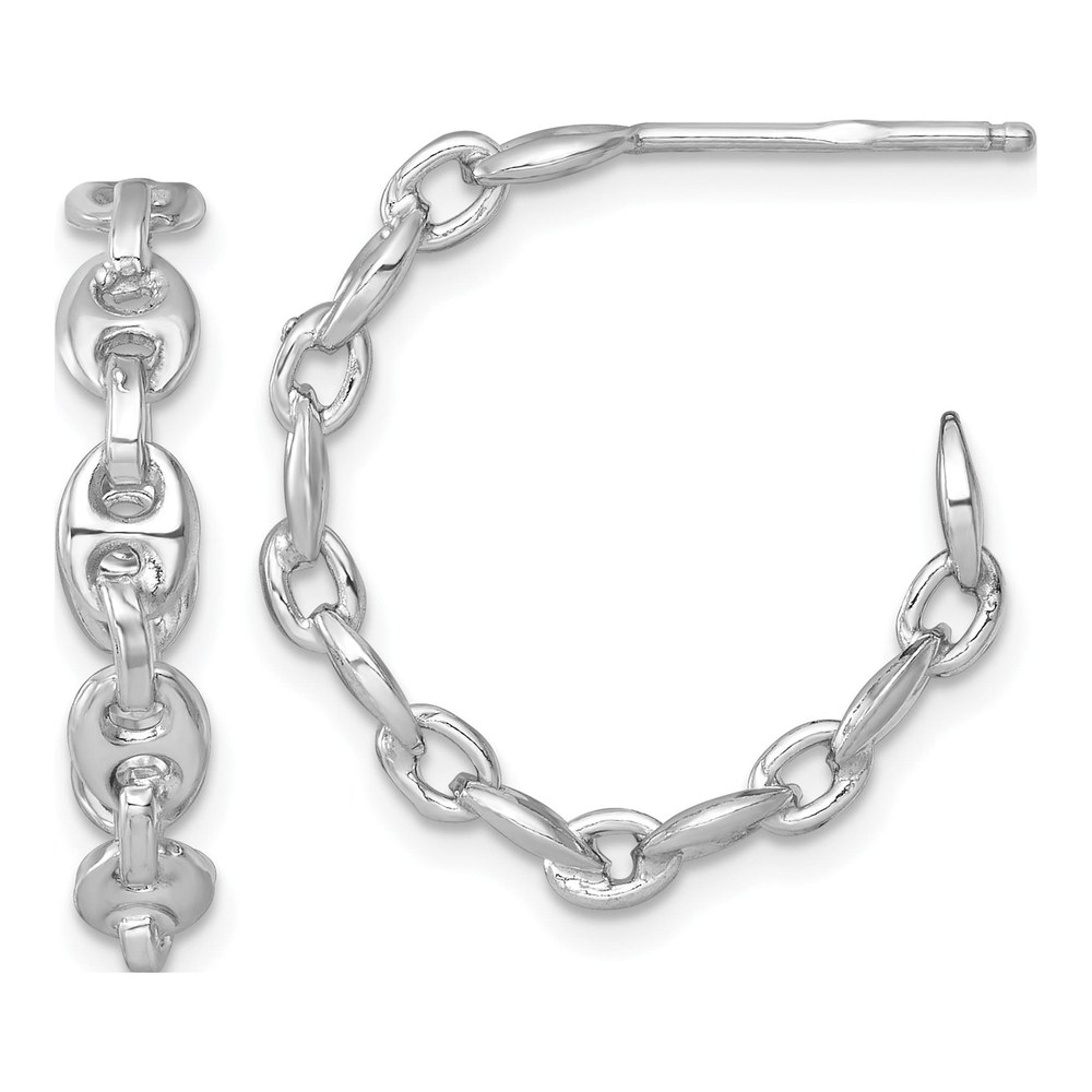 Sterling Silver Rhodium-Plated 4mm X 23mm Puffed Anchor/mariner Link C-Hoop Post Earrings