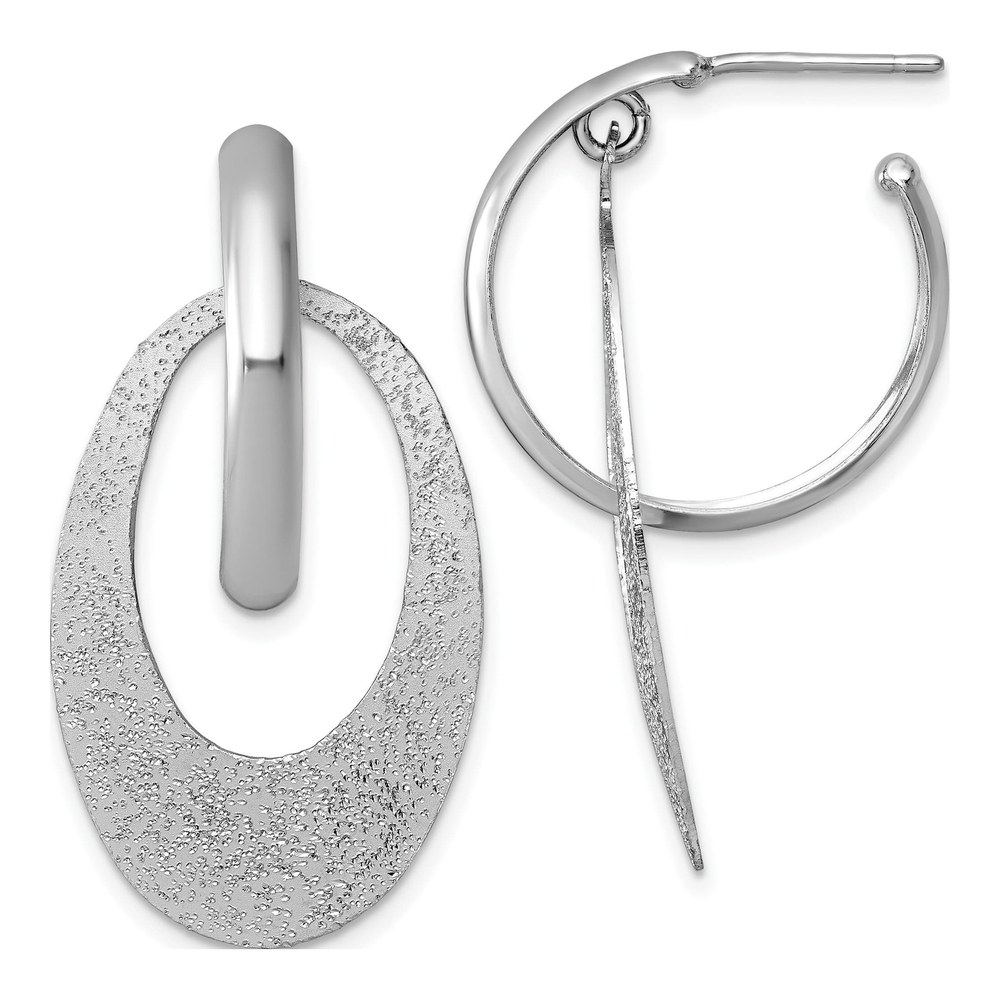 Sterling Silver Rhodium-Plated Polished And Brushed Oval Dangle C-Hoop Post Earrings