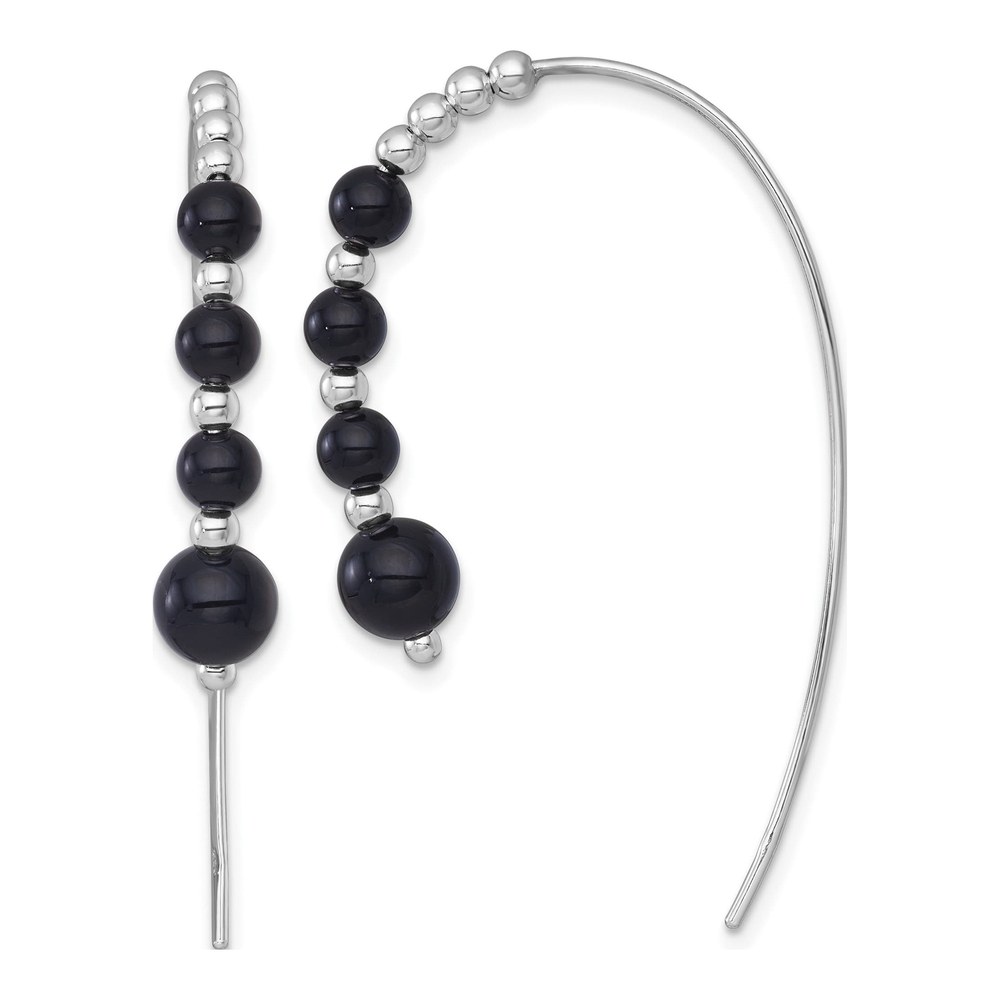 Sterling Silver Rhodium-Plated Polished Graduated Onyx Beaded Threader Earrings