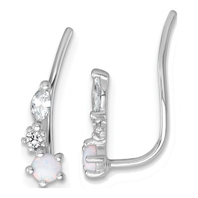 Sterling Silver Lab-Created Opal & CZ Ear Climber Threader Earrings