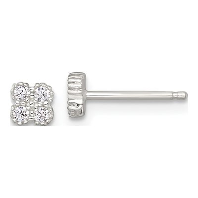 Sterling Silver Round CZ Quatrefoil Stud Earrings