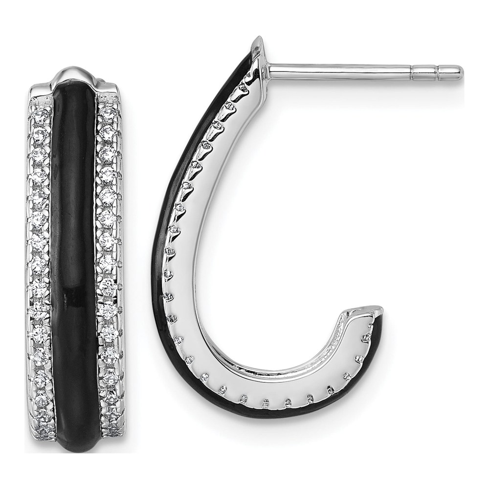 Sterling Silver Rhodium-Plated Cz With Black Enamel J-Hoop Post Earrings