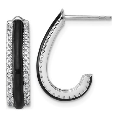 Sterling Silver 20mm CZ Enamel J- Hoop Earrings