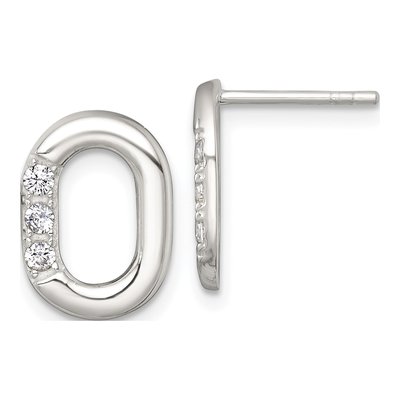 Sterling Silver Round CZ Oval Button Stud Earrings
