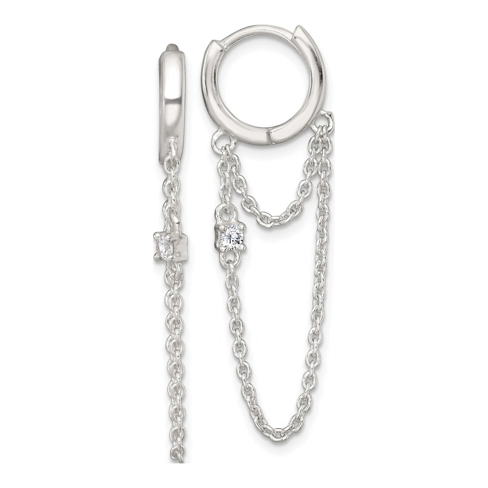 Sterling Silver Polished White Cz Dangling Chain Round Hinged Hoop Earrings